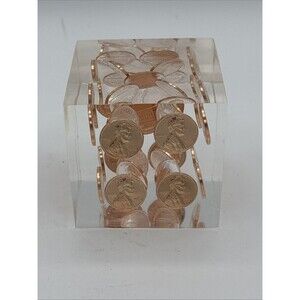 Vintage 1972 Lincoln Lucite Cube Paperweight Floating Coin MCM Desk Decor